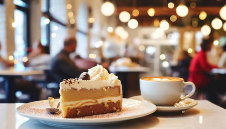 Coffee cup and cake on table in coffee shop, stock photoの素材