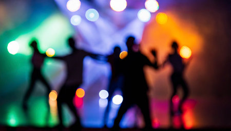 Silhouettes of dancing people at a live concert. Blurred backgroundの素材