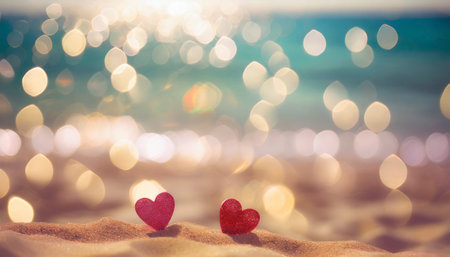 Valentines day background with hearts on sandy beach with bokehの素材