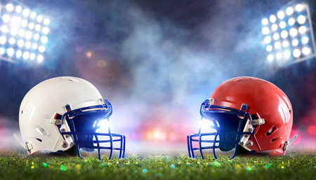American football helmets on green field with lights and smoke. Sport conceptの素材