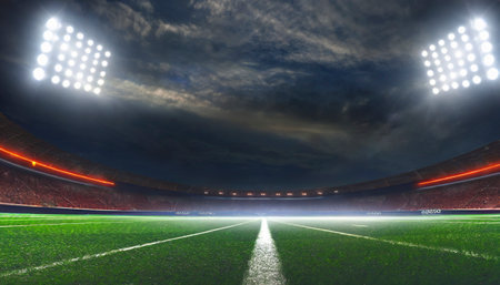 lights at night and empty football stadiumの素材