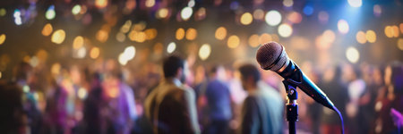 Microphone in front of concert crowd at stage - panoramic bannerの素材