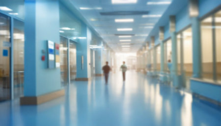 Blurred image of people walking in the corridor of the hospital.の素材