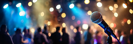 Microphone on stage with crowd of people and bokeh backgroundの素材