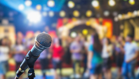 Microphone in concert hall or conference room with bokeh backgroundの素材