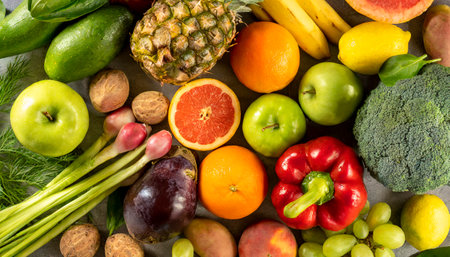 Fresh Fruits and Vegetables as healthy food background, top viewの素材