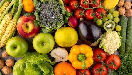 Vegetables and fruits as healthy food background, top view.の素材