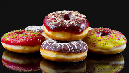 Group of donuts isolated on black background with reflection and copy spaceの素材