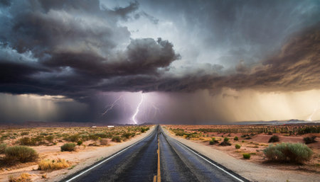 Thunderstorm over the road in Arizona, United States of America.の素材