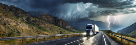 Truck on the road with stormy sky. Panoramic image.の素材
