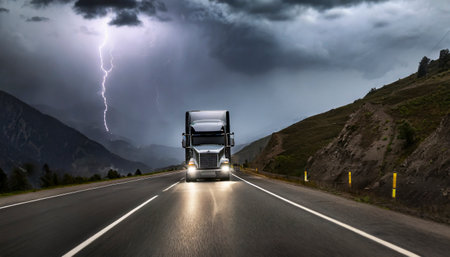 Truck on the road with thunderstorm and lightning in the backgroundの素材