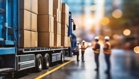 Truck and warehouse workers. Logistics, transportation and shipping concept.の素材