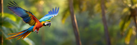 beautiful Scarlet macaw (Ara ararauna) flying in the jungleの素材