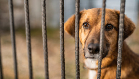 Portrait of a sad dog in a cage. Selective focus.の素材