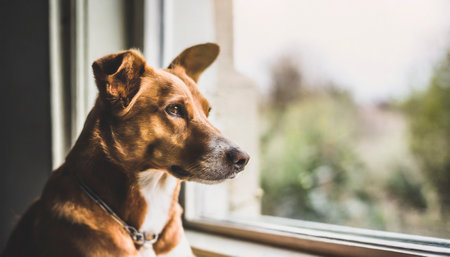 Portrait of a dog looking out the window. Selective focus.の素材
