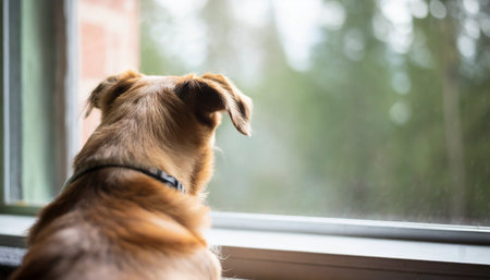 Cute dog sitting on the windowsill and looking out the windowの素材