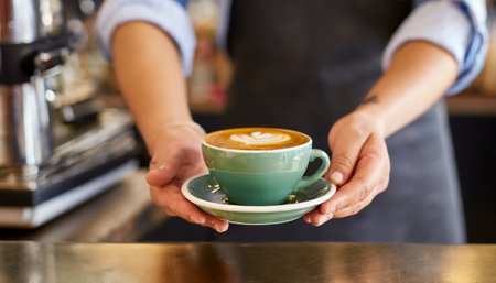 Barista is holding a cup of coffee with latte art.の素材