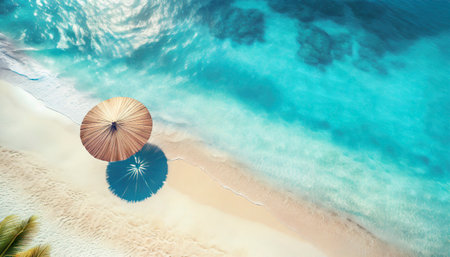 Umbrella on the beach with turquoise water. Top viewの素材