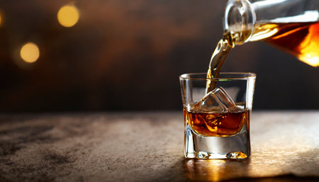 Whiskey being poured into a glass from a bottle on a dark backgroundの素材