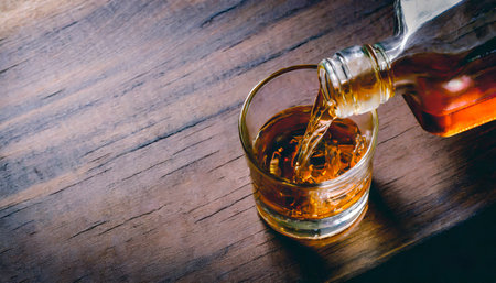 Whiskey with ice in glass on wooden table, stock photoの素材