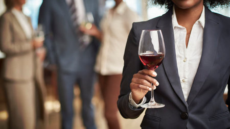 Businesswoman holding a glass of red wine in a conference room during a meetingの素材