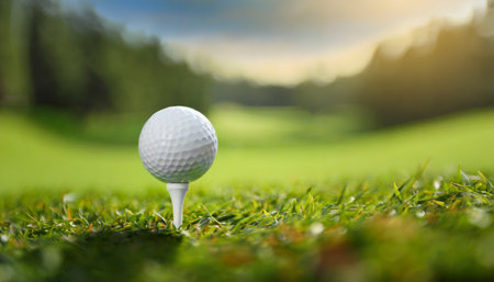 Golf ball on green grass ready to play at golf course.の素材
