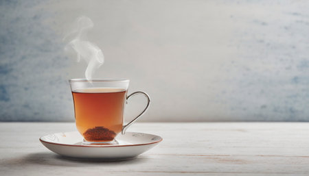Cup of tea on wooden table and blue wall background with copy spaceの素材
