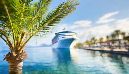 Cruise ship in the sea with palm tree, shallow depth of fieldの素材