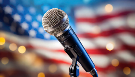 Microphone on a blurred background of the American flag and bokeh.の素材