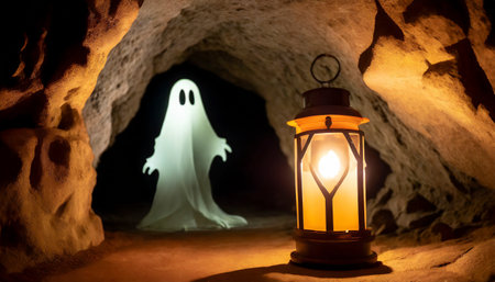 Halloween concept. Silhouette of ghost and lantern in cave. Halloween decoration. Selective focusの素材