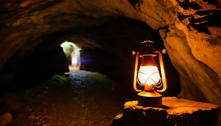 Lantern in a cave. Selective focus. Dark background.の素材