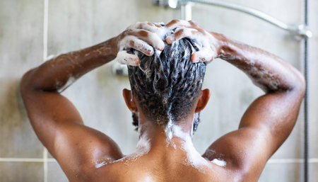 Rear view of african american woman washing hair in showerの素材