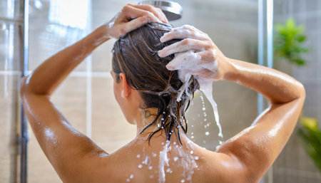 Back view of young woman washing hair in the shower at home.の素材