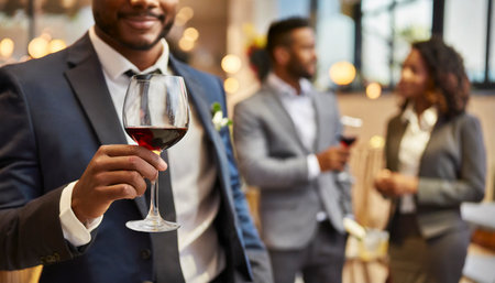 business, people and celebration concept - close up of happy african american man with glass of red wine at restaurantの素材