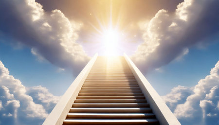 Conceptual image of stairway leading up to sky with cloudsの素材
