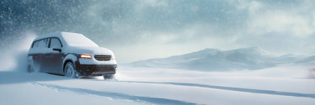 Car driving on snowy road in winter, panoramic banner.の素材
