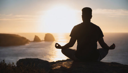 Silhouette of a man meditating on a cliff at sunsetの素材