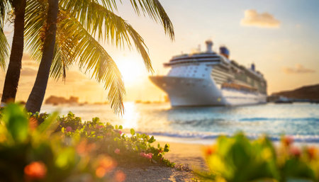 Cruise ship on the beach with palm trees and flowers in the foregroundの素材