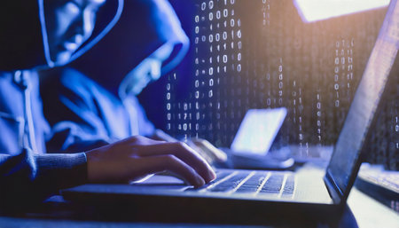 Hacker working on laptop with binary code on screen, cyber security conceptの素材