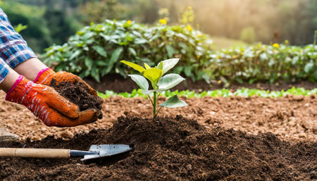 Gardening and agriculture concept - Close up of gardener hand planting young plant in fertile soil.の素材