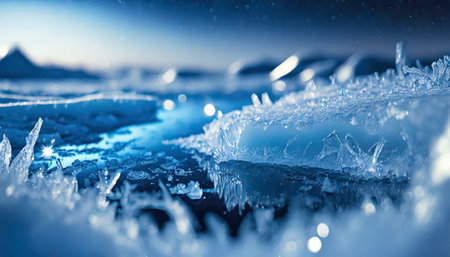Macro shot of ice crystals on frozen lake surface. Natural backgroundの素材