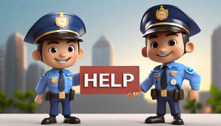 Two policeman with help sign on city background. 3D rendering.の素材