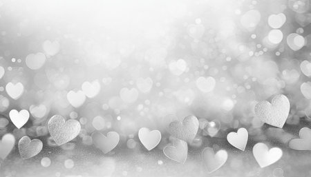 White hearts on silver bokeh background. Valentines day backgroundの素材