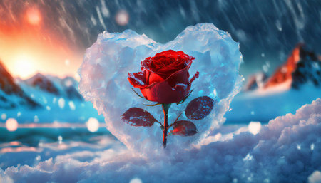 Valentine's day concept. Red rose in the snow.の素材