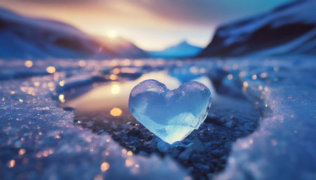 Ice heart on the frozen lake at sunset. Beautiful winter landscape.の素材