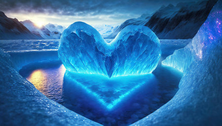 Ice heart in the water. 3d illustration. Nature background.の素材