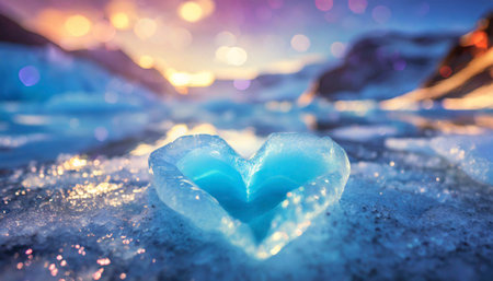 Ice heart on the snow in the evening. Beautiful winter landscape.の素材