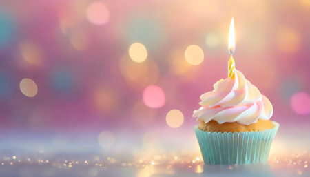 Birthday cupcake with candle on bokeh background, closeupの素材
