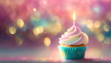 Birthday cupcake with candle on colorful bokeh background.の素材