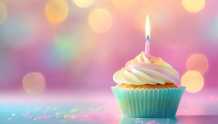 Birthday cupcake with candle on bokeh background, closeupの素材